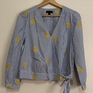 J. Crew Blue Striped Wrap Blouse with Yellow Pineapple Embroidery